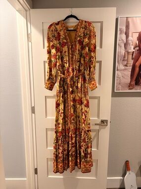 Mustard Floral V-Neck Maxi Dress with Tie Waist